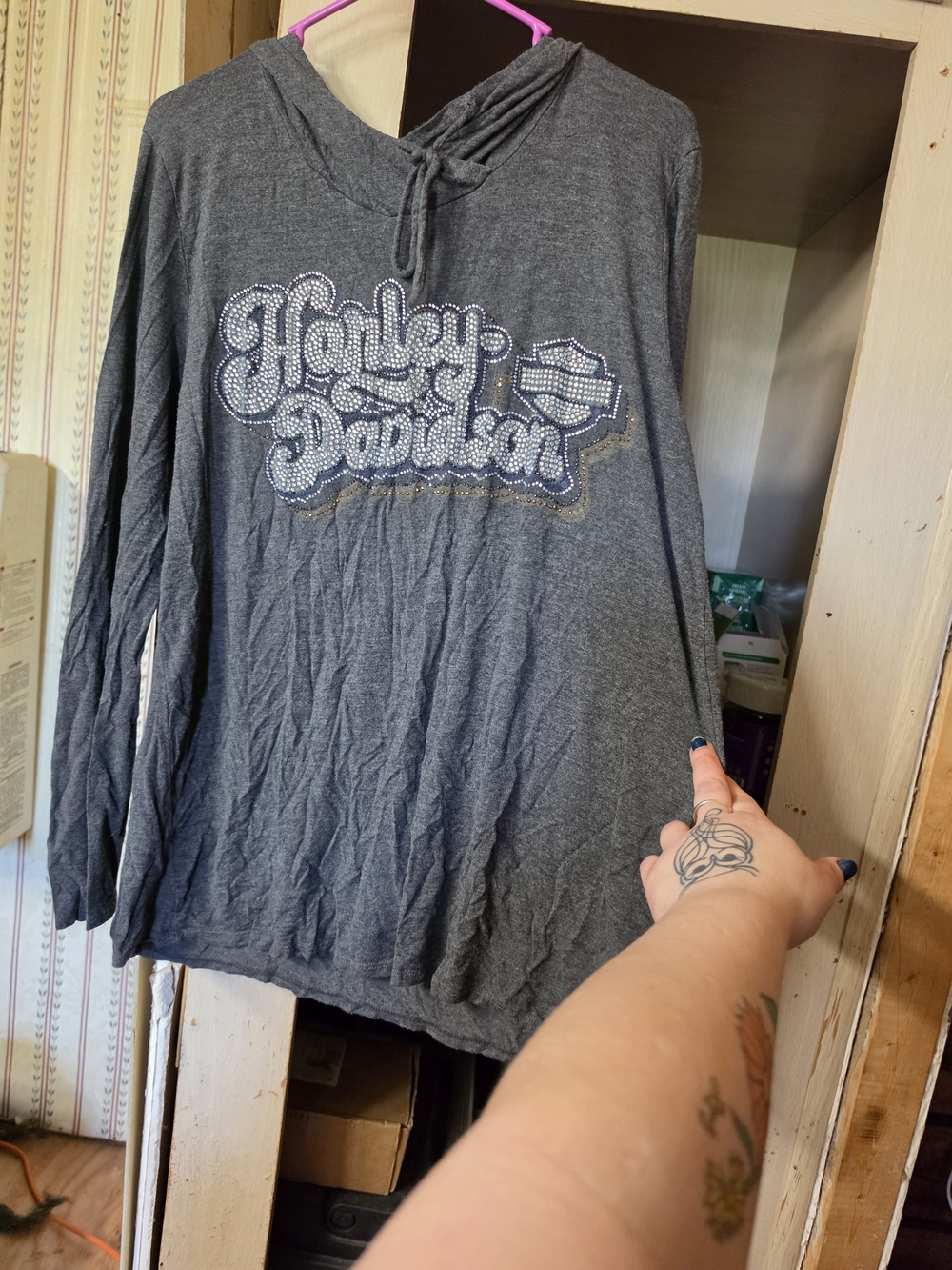 Harley-Davidson Dark Gray Hooded Long Sleeve Blouse with Rhinestone Logo